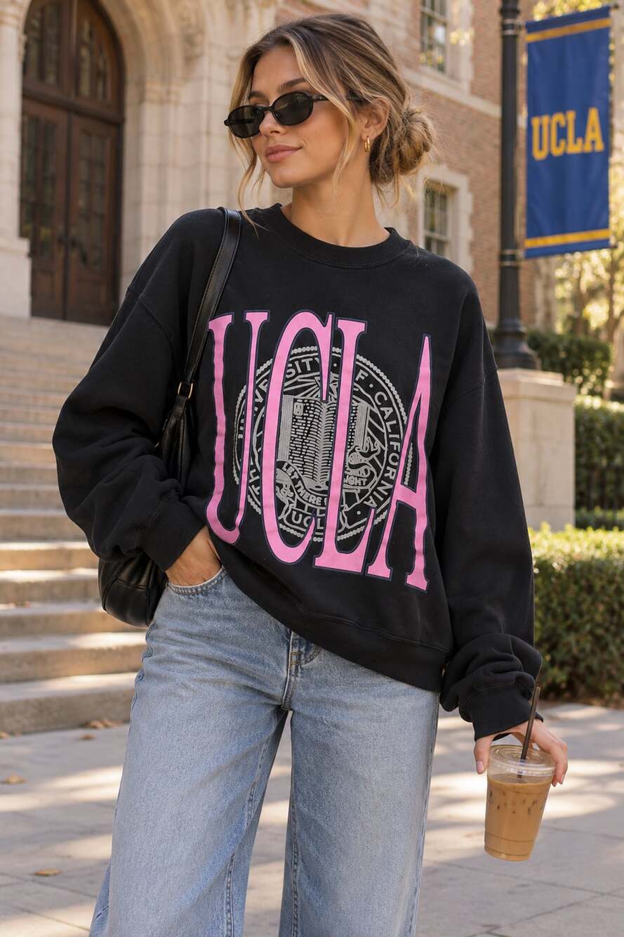 Vintage UCLA Jerzees Sweatshirt XL Black Pink Spellout Seal Made USA 90s